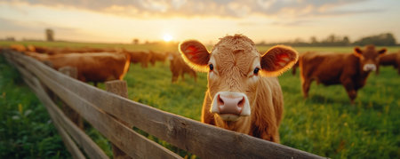 Witness rustic tranquility as a majestic herd rests by a wooden fence A golden sunset illuminates endless fields, painting a pastoral scene A charming young calf gazes at you, completing this iconic farm picture Experience the simple pleasures of country living at golden hour AI Generativeの素材