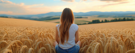 Escape to sun-drenched wheat fields stretching endlessly A lone traveler finds peace in the rustic setting, capturing the essence of simple living This tranquil scene evokes a sense of calm and wonder, inviting you to wander and cherish the beauty of nature A perfect picture to recall your journey AI Generativeの素材