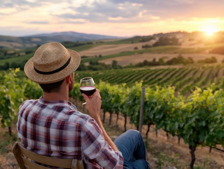 Escape to a serene vineyard where a traveler enjoys local wine amidst rolling hills This breathtaking image captures summer's essence, ideal for travel blogs seeking tranquility and natural beauty A visual feast speaking volumes about peaceful escapes and agricultural charm Perfect for adding an emotive touch to your content AI Generativeの素材