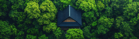 Soar above a secluded cabin, embraced by a dense forest, radiating tranquility Discover sun-dappled trails winding through the wilderness, inviting exploration This intimate cultural site, a hidden gem, whispers stories within its quiet grandeur, beckoning contemplation in its vast natural setting AI Generativeの素材