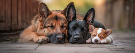 Find tranquility in this adorable image of interspecies harmony A German Shepherd, a black dog, and a tiny puppy snooze peacefully together, showcasing friendship and relaxation This serene pet photo is perfect for social media or home decor, inspiring calm and peace Download this calming scene AI Generativeの素材