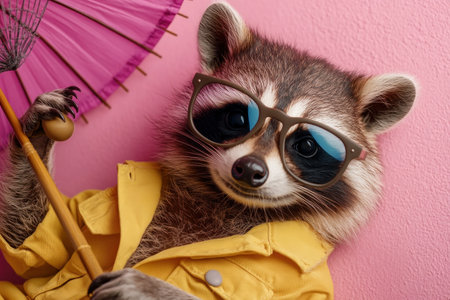 A whimsical raccoon, sporting oversized sunglasses and a tiny pink umbrella, embodies playful fashion This vibrant image, full of humor, captures the charming critter in a lighthearted pose Its unique style and bright attire make it perfect for digital designs and creative projects, sure to bring a smile AI Generativeの素材
