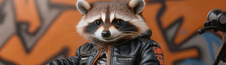 A cute raccoon, sporting a miniature leather jacket, strikes a pose against a vibrant graffiti wall This adorable critter exudes urban cool with its custom attire The edgy backdrop complements the charming subject, creating a memorable piece of animal photography that perfectly captures street style AI Generativeの素材