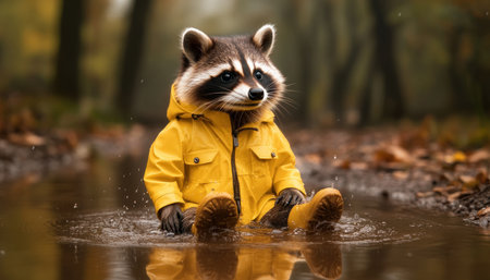 A playful raccoon, clad in a tiny yellow raincoat and boots, splashes joyfully in a puddle This whimsical autumn scene captures nature's humor with fallen leaves swirling around the adventurous creature This charming image offers a delightful, endearing glimpse into a rainy day woodland escapade, showcasing a furry friend ready AI Generativeの素材