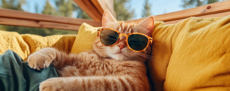This urban portrait showcases a cool ginger tabby in vintage sunglasses, exuding hipster vibes Relaxing in style, this fashionable feline embodies leisure with retro shades in a quirky urban setting A fun and beautiful image, perfect for collectors seeking a unique, relaxed cat photo AI Generativeの素材