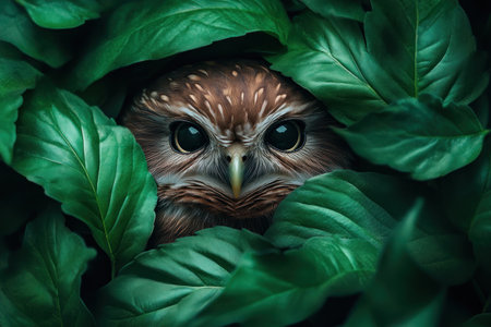 Unveil nature's mystery with a captivating close-up of a hidden nocturnal owl Shifting shadows and lush foliage cloak this feathered marvel, its piercing gaze adding intrigue Discover the wild's secrets in this atmospheric scene where the enigmatic owl dwells within the deep forest undergrowth, a mesmerizing portrait of nature's beauty AI Generativeの素材