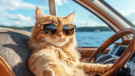 A trendy cat, sporting stylish sunglasses, exudes relaxation and luxury aboard a boat Cruising under a bright summer sky, this furry companion embodies summer fun This charming scene captures a captivating image of a cool cat enjoying a day on the water, radiating pure contentment and style AI Generativeの素材