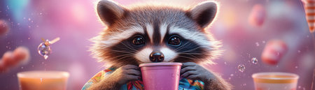 A party-loving raccoon, decked in a Hawaiian shirt, enjoys a tropical bash He sips a drink, soaking in the vibrant atmosphere This adorable, furry friend brings joyful, whimsical visuals to the festive scene Witness the party through his playful eyes AI Generativeの素材