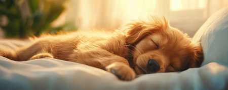 Witness pure tranquility: a sleeping golden retriever puppy embodies serene companionship This gentle scene hints at a deeper friendship, though a cat isn't pictured, imagine it nearby, sharing peaceful slumber Together, they create a beautiful moment of calm, illustrating the essence of peaceful togetherness and shared rest AI Generativeの素材