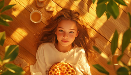 A heartwarming Mother's Day breakfast unfolds, bathed in golden light Surrounded by family, a mother's joyful spirit is lifted as she holds a breakfast plate, a symbol of love and connection This cherished tradition embodies the essence of motherhood and familial appreciation, creating a beautiful moment of pure happiness AI Generativeの素材