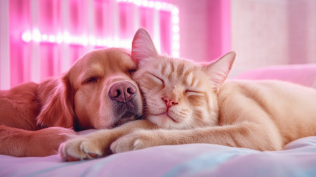 Witness pure bliss as a cuddly cat and dog nap together in perfect harmony This heartwarming photo captures interspecies friendship and peaceful slumber These adorable animals, snuggled close, create a tranquil and affectionate moment that's sure to bring a smile Experience the magic of companionship as they share the sweetest AI Generativeの素材
