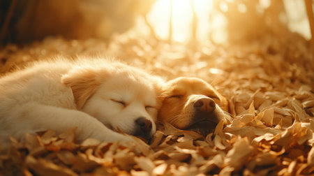 Witness a heartwarming scene: a cat and dog, nestled together asleep in golden sunlight amidst autumn leaves, embodying unbreakable friendship This image radiates pure innocence and tranquility, showcasing peaceful animal companionship in nature Perfect for stock photos, calendars, and art, it's a visual testament to friendship and peace AI Generativeの素材