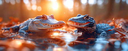 This stunning image reveals a crocodile and monitor lizard sharing a waterhole, highlighting contrasting reptile diversity Bask in the setting sun's glow and witness their raw, natural beauty Explore this unique snapshot of coexistence in their shared habitat, where nature's embrace allows these fascinating creatures to thrive AI Generativeの素材