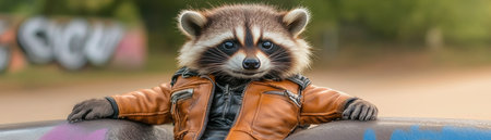 A cool raccoon, sporting a miniature leather jacket, strikes a stylish pose against a vibrant graffiti wall This adorable animal is ready to hit the streets with its unique fashion sense The tiny jacket enhances its cuteness, while the graffiti backdrop adds an artistic touch Perfect for animal lovers and AI Generativeの素材