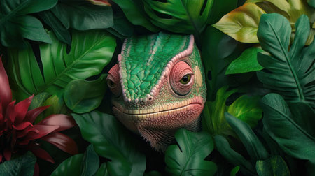 Discover the jungle's secrets with this vibrant chameleon image Witness its camouflage mastery within lush foliage, a testament to rainforest ecology This captivating shot showcases nature's artistry and incredible adaptations Perfect for nature lovers, educators, and anyone fascinated by biodiversity AI Generativeの素材
