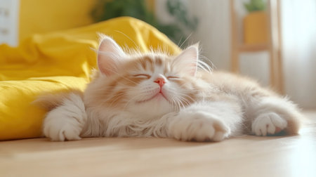 Experience pure serenity with this image of a cat, dog, and kitten peacefully resting together This heartwarming scene perfectly captures love, relaxation, and harmonious coexistence Ideal for content on home life, pet care, and the beauty of animal friendships, it's a captivating glimpse into gentle interaction and calm AI Generativeの素材