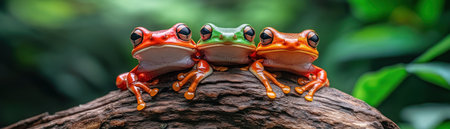 Witness nature's artistry: three brightly colored frogs, red, green, and orange, perfectly camouflaged among lush tropical leaves This close-up showcases their vibrant beauty and remarkable adaptation skills See how these amphibians blend seamlessly into their environment, a testament to survival in a vibrant forest ecosystem AI Generativeの素材