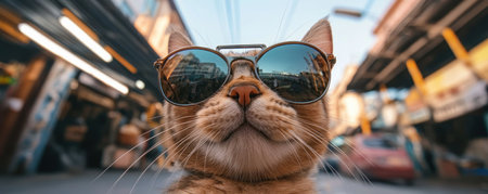 This cool cat, sporting bold sunglasses, embodies urban style against a gritty cityscape Perfect for wallpapers and social media, the image captures street-style feline fashion with lens reflections Download this trendy portrait now for a modern twist on cat photography, blending feline charm with city chic AI Generativeの素材
