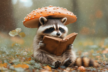 A charming raccoon reads a tiny book under a mushroom umbrella in a magical garden This whimsical scene showcases the adorable creature amidst vibrant autumnal hues Intricate details highlight the cute raccoon and the beauty of its natural surroundings, a delightful treat for both nature and book lovers AI Generativeの素材