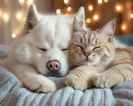 Witness the sweet, serene bond between a napping dog and cat This adorable image captures their peaceful embrace, highlighting a heartwarming friendship built on trust and companionship A moment of pure love and harmony, perfect for pet lovers, this tranquil scene will surely warm your heart AI Generativeの素材