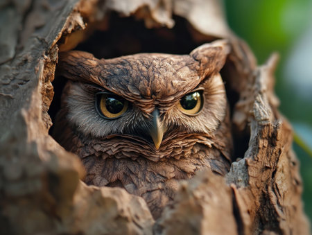 A camouflaged owl, feathers echoing tree bark, graces a forest in this captivating image Witness nature's artistry as the owl flawlessly blends into its woodland habitat, a master of disguise This stunning photo highlights the magic of natural adaptation and the owl's incredible camouflage technique AI Generativeの素材