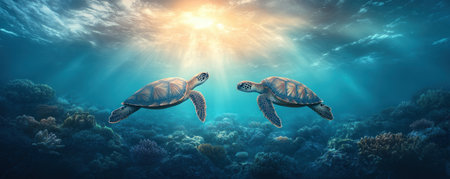 Sunlight illuminates a vibrant coral reef as a group of sea turtles gracefully navigates its labyrinthine paths Witness their serene migration in this stunning underwater image, capturing the beauty of marine life as they swim towards the light A mesmerizing journey unfolds in this tranquil scene AI Generativeの素材