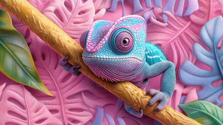 Witness a chameleon's captivating beauty as it grips a vibrant jungle branch Surrounded by lush rainforest foliage, its colorful scales and intricate details pop This stunning image, a must-see for nature enthusiasts and wildlife art lovers, perfectly captures the chameleon in its natural habitat AI Generativeの素材