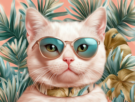 Dive into a vibrant summer with this unique digital art! A stylish hipster cat, sporting retro sunglasses, is nestled in a lush, abstract tropical scene bursting with bright colors This whimsical, fashionable feline adds a fun, fantasy touch, perfect for elevating your creative projects Add this artistic piece to your AI Generativeの素材