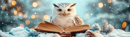 A majestic white raptor owl, reading a book, blends into a snowy forest, illuminated by moonlight and festive lights Snow gently falls, creating an enchanting winter scene This captivating image, perfect for holiday and nature themes, embodies the serene beauty of an ethereal winter night AI Generativeの素材