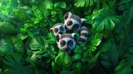 Witness playful lemurs thriving in a lush conservation sanctuary, a testament to successful habitat recovery Explore their vibrant tropical home, where adorable lemur families roam free Learn about vital forest protection and how every lemur matters, a symbol of the importance of wildlife conservation Every species needs our help AI Generativeの素材