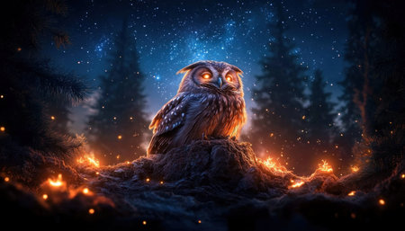 A majestic owl, perched in a pine under a starlit sky, embodies nature's regality This nocturnal hunter, illuminated by a soft glow, creates an enchanting night photography masterpiece Discover this stunning wildlife image, where wilderness meets celestial beauty, a testament to the mystery and wisdom of nature Explore the epitome AI Generativeの素材