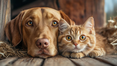 A golden retriever and ginger tabby snuggle in peaceful harmony, showcasing a beautiful interspecies bond This heartwarming image captures their relaxed companionship and sweet friendship Witness their affection as they rest comfortably together, a perfect representation of animal love that will inspire your heart AI Generativeの素材