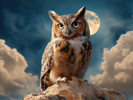 A majestic great horned owl perches on a cliff, its moonlit silhouette a commanding presence The nocturnal scene captures the owl's intense gaze and powerful stance This stunning image reveals the beauty and secrets of the natural world Witness the wild grace of this apex predator AI Generativeの素材