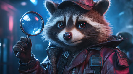 Unravel a funny mystery with a raccoon detective! This adorable investigator, complete with hat and jacket, uses a magnifying glass in a dimly lit, mystery-themed scene Perfect for projects needing unique, amusing content, this clever raccoon offers playful detective work and charm AI Generativeの素材