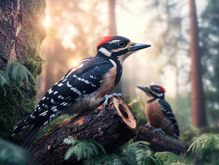 Observe woodpeckers' remarkable adaptation as they chisel into forest trees, their precision beaks revealing nature's ingenuity Witness these determined birds forage for insects amongst mossy trunks and sunlit glades This stunning display of wildlife highlights their power and harmony in their natural habitat AI Generativeの素材