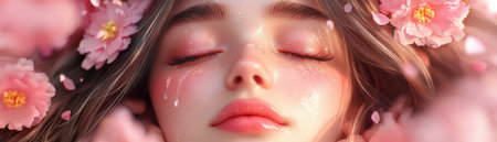 This Mother's Day concept image showcases a tearful, yet smiling mother in a close-up Soft lighting highlights her delicate features, reflecting deep emotional connection and heartfelt appreciation This poignant moment captures the surprise and love within a mother's heart, a treasure of memories beautifully portrayed AI Generativeの素材