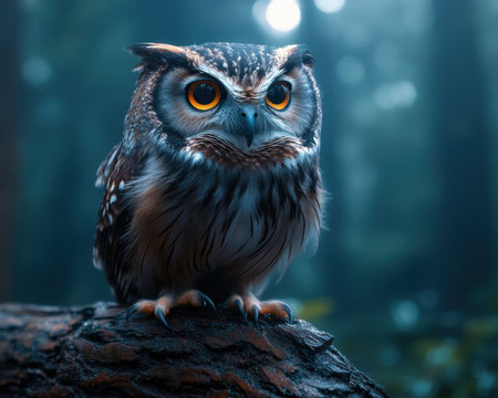 A nocturnal scene unfolds: a majestic owl, eyes glowing bright in the moonlight, sits perched within a dark, mystical forest This striking image captures nature's compelling beauty at night, the owl's piercing gaze adding magic to the deep, wooded environment AI Generativeの素材