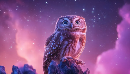 This breathtaking image captures an owl silhouetted against a starry night, blending earth and sky in serene harmony Evoking wonder and peace, it's perfect for enhancing any project Explore the beauty of nocturnal wildlife and celestial landscapes in this stunning photograph, merging the earthly with the ethereal AI Generativeの素材