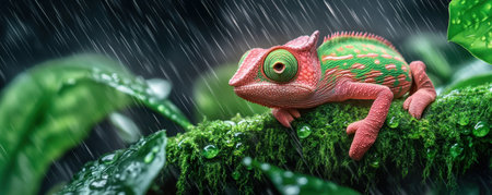 A vibrant chameleon rests on a mossy branch in a misty rainforest, symbolizing biodiversity and survival Its colorful camouflage blends seamlessly with the lush foliage of this tropical haven Raindrops enhance the scene, a powerful depiction of life's resilience in a beautiful, vibrant environment AI Generativeの素材