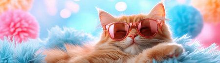This artistic ginger cat, sporting unique sunglasses, blends retro and modern styles Vibrant colors and playful textures enhance the cool feline, lounging amidst fluffy pompoms A captivating visual, perfect for animal lovers and creative projects, this image offers a unique twist on cat photography with its eye-catching retro-inspired look AI Generativeの素材