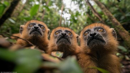 Witness lemurs navigating a vibrant tropical forest, their dynamic social interactions captivating This stunning image reveals the beauty and complexity of primate life, showcasing these creatures thriving in their natural habitat Observe their connection to the lush surroundings and discover the wonders of wildlife in action AI Generativeの素材