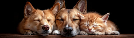 A dog and cat sleep peacefully, a tiny kitten nestled between them, radiating family love This heartwarming scene showcases a beautiful bond transcending species, highlighting companionship and affection Their harmonious slumber embodies warmth, acceptance, and interspecies friendship, celebrating family unity and tenderness AI Generativeの素材
