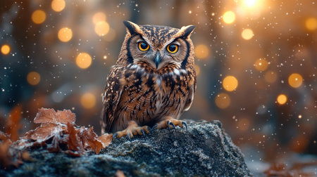 A majestic owl, its colorful feathers softly blurred by bokeh, sits calmly on a rock Its sharp eyes, free of any hunting tension, gaze directly The image is still, focusing on intricate details rather than motion or moonlight No talons are visible This serene animal portrait is perfect for adding AI Generativeの素材