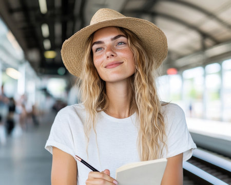 A young woman on a train platform journals, pencil in hand Lost in thought, she gazes outward, perhaps at the passing scenery, capturing personal reflections in her notebook Her travels inspire a memoir or story, a visual poem illustrating the beauty of everyday moments AI Generativeの素材