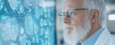 A doctor analyzes brain scans and abstract memory symbols related to amnesia, emphasizing the crucial role of medical care for cognitive disorders This scene highlights neurological assessments, the challenges of memory loss, and available treatment options It underscores the need for careful study of amnesia and memory impairment AI Generativeの素材