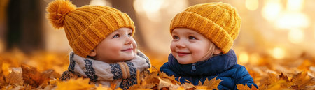 Experience the magic of fall with this heartwarming image of kids joyfully playing in a vibrant leaf pile Golden hues illuminate their pure happiness, evoking cherished childhood memories The simple pleasure of outdoor play during autumn is captured beautifully, bringing their laughter to life through vivid colors and delightful nostalgia AI Generativeの素材