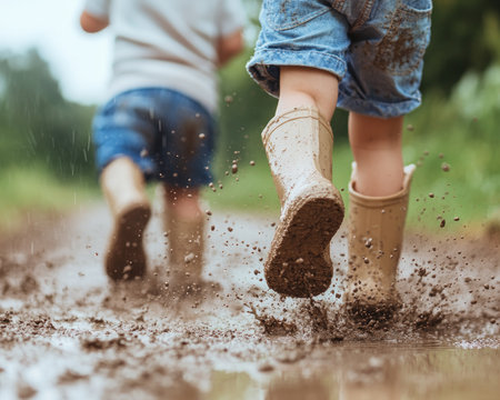 This vibrant photo captures the pure joy of childhood: kids splashing in puddles on a rainy day Their carefree play evokes nostalgic memories of freedom and adventure Perfect for projects about childhood, outdoor fun, and playfulness, this image embodies the essence of happy, uninhibited moments AI Generativeの素材