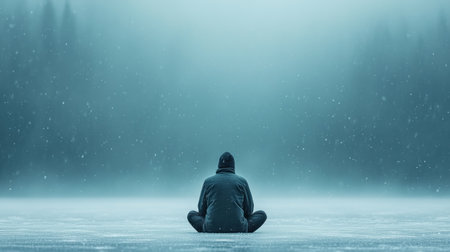 Discover serenity in this image of a meditating figure on a frozen lake, surrounded by gently falling snowflakes This scene embodies stillness and clarity, perfect for mindfulness The vast icy landscape highlights solitary practice amidst winter's beauty Embrace quietude and nature's tranquility AI Generativeの素材