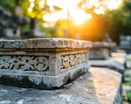 Uncover ancient beauty at this stone monument, rich with cultural patterns A solemn memorial, it showcases heritage through intricate artistry Explore this historical site where each stone tells a story, revealing the legacy of a bygone era and its artistic expressions A powerful symbol of history carved in stone AI Generativeの素材