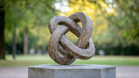 This abstract sculpture, a powerful memorial centerpiece, invites contemplation within the park Its unique form embodies remembrance, serving as a poignant testament to the park's purpose The symbolism, expressed through shape, evokes deep thought and feeling, capturing a profound moment through artistic expression AI Generativeの素材